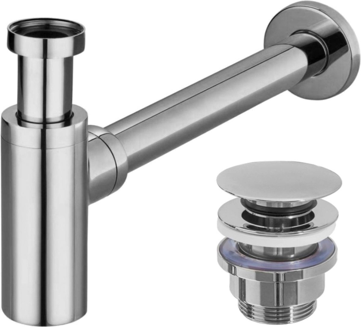SaniGate Wastafelsifon Compact met Clickwaste – Chroom – Sifon met Afvoerplug – Universeel – Voor Wastafel en Fontein
