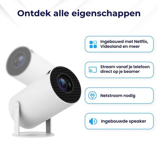 Twee witte beamers naast elkaar. Functies: Ingebouwd met Netflix, streamen vanaf telefoon, netstroom nodig, ingebouwde speaker.