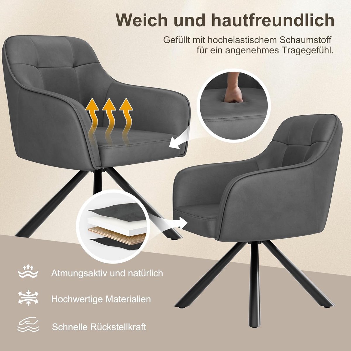 Eetkamerstoel 360° Draaibaar met Armleuningen en Fluwelen Bekleding – Extra Breed & Ergonomisch – Set van 2 – 45x43x81 cm – Donkergrijs – Luxe Comfort voor Eetkamer, Keuken, Woonkamer en Kantoor | Laura
