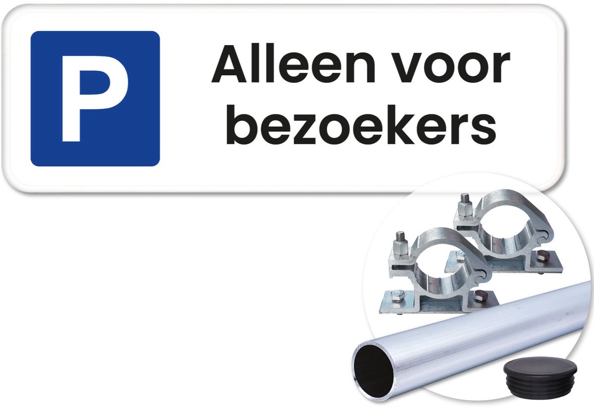 Parkeerbord Bezoekers 2 - Weerbestendig Aluminium - 40x15 cm - Bevestiging: Met paal 120 cm + paalbeugels + paaldop