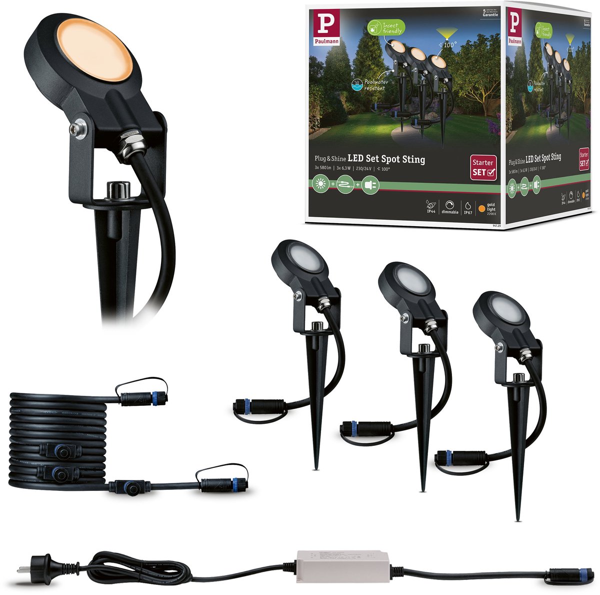 Paulmann P+S Spot Set Sting 2200K 94729 Verlichtingssysteem Plug&Shine LED-tuinspot startset LED 18.9 W Goud Antraciet