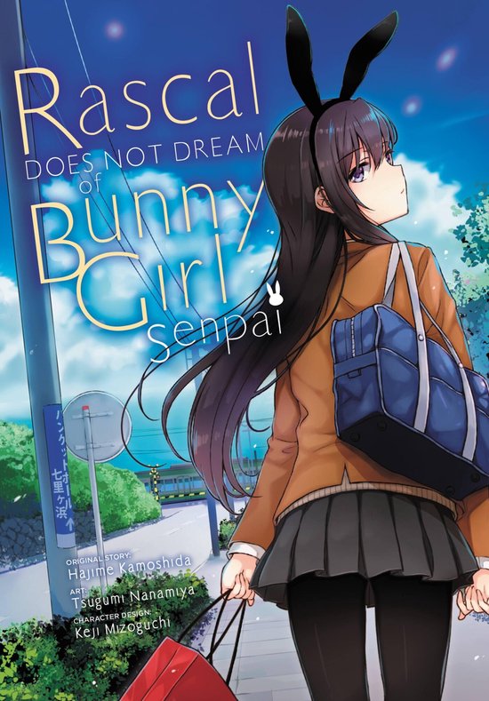 Boekomslag van Rascal Does Not Dream of Bunny Girl Senpai met meisje met konijnenoren en tas.