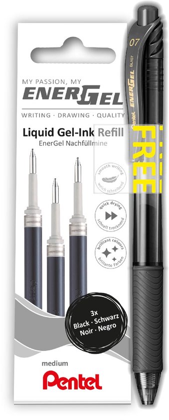 Pentel vulling Energel | 0 | 7 mm | zwart | 3 stuks + roller (GRATIS)