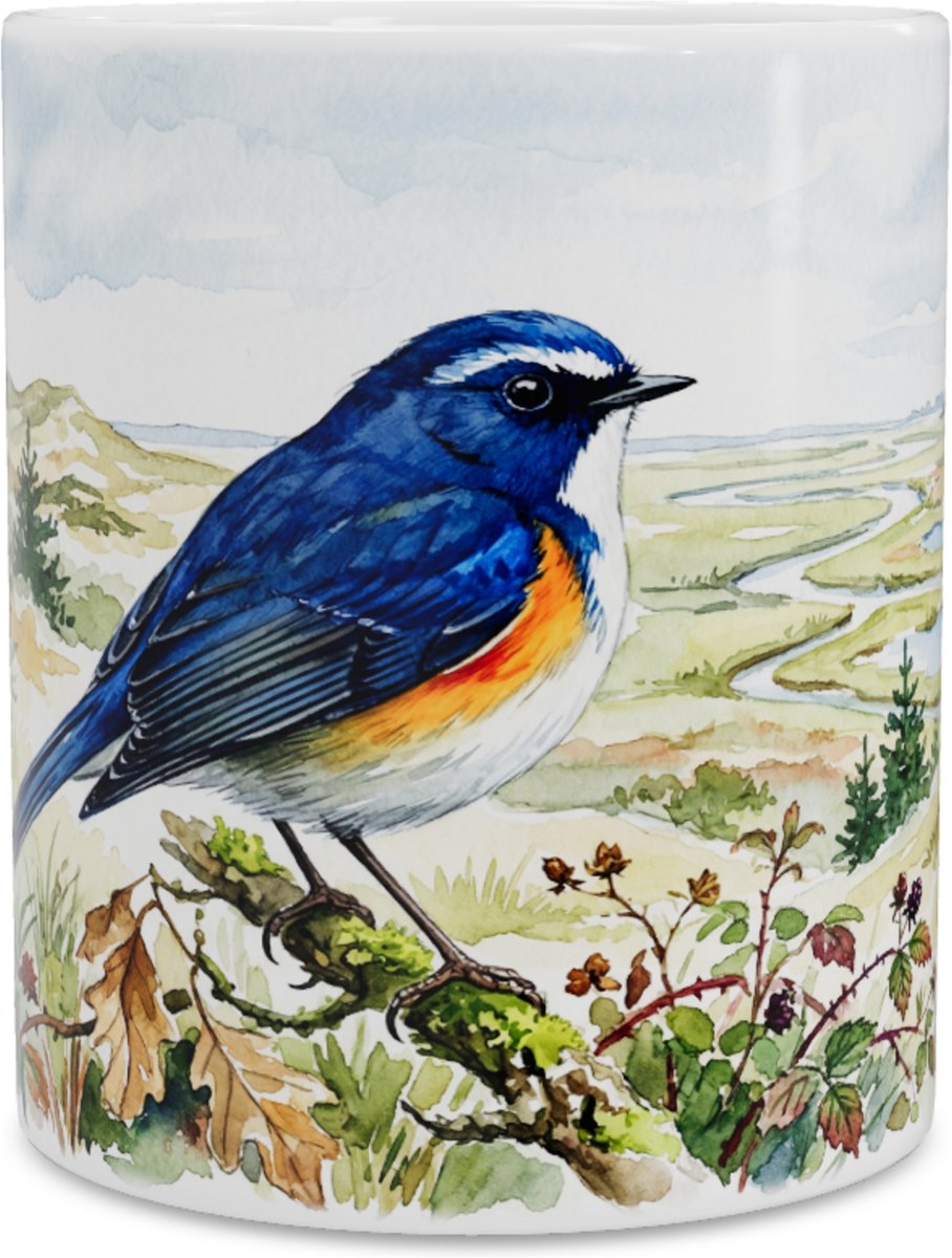 Aquarel Series Vogel Blauwstaart op Boomstam in Natuurlandschap - Gedetailleerde Koffiebeker en Theemok voor Thuis en op het Werk - Origineel Cadeau voor hem & haar: Vrouw, Vriend(in) of Collega - Vogelspotters en Natuurliefhebbers
