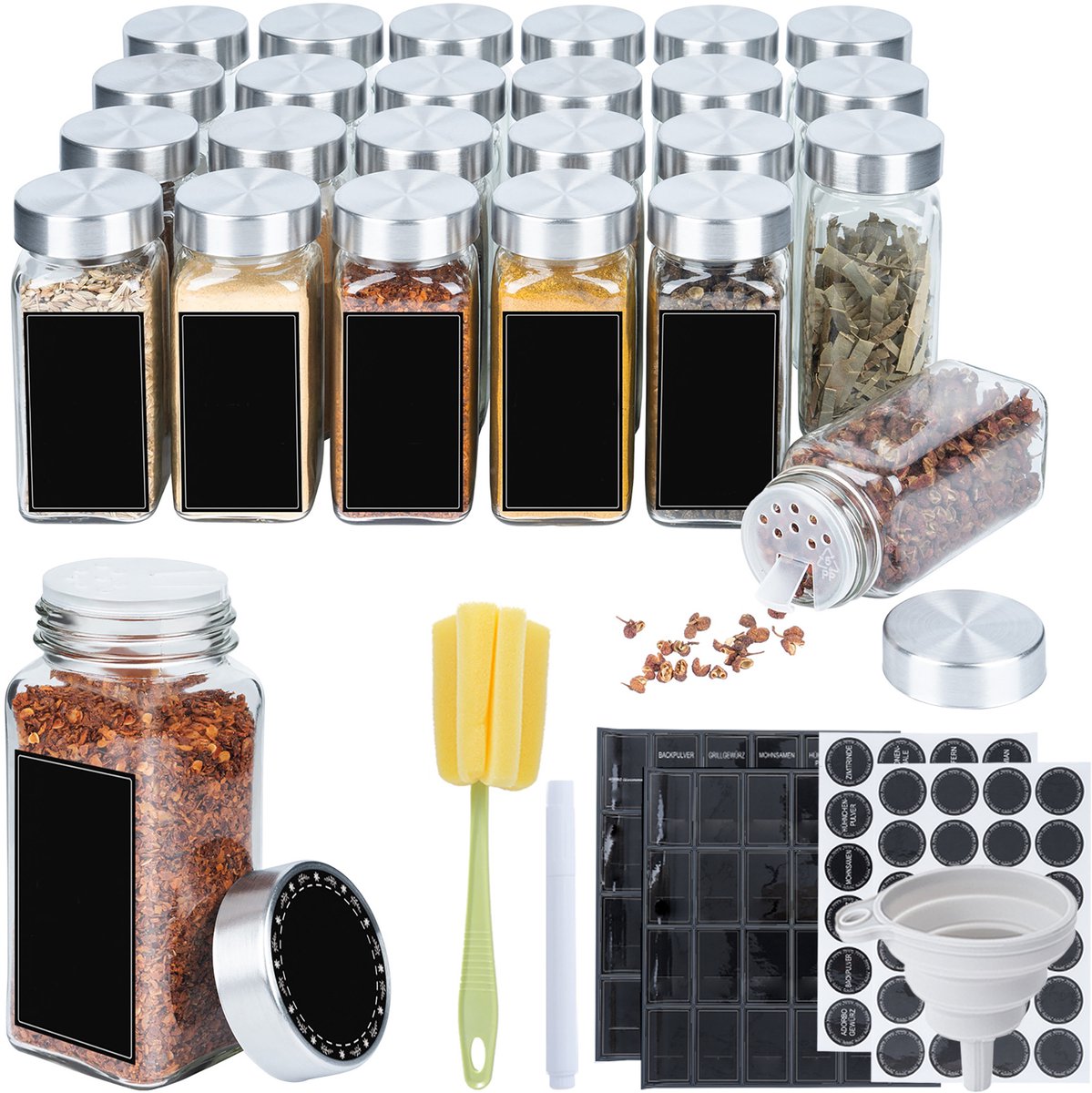 ACXIN Kruidenpotjes Set Kruidenpotjes Glas Vierkant 120ML Luchtdicht Met Etiketten Strooideksel Trechter Reinigingsborstel Keuken Organisatie - 24 Stuks - RVS Roestvrij Staal Deksel