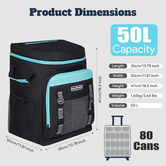 Koelbox met Wielen - 80 Blikjes, 50L, Opvouwbaar en Draagbaar voor Camping en Strand van Koelbox. — afbeelding 3