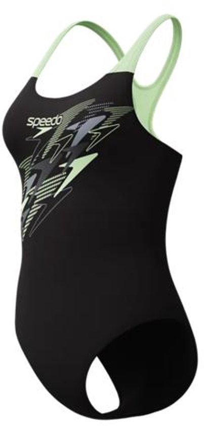 Zwart Speedo badpak met lichtgroene bandjes en een grafische print van bliksemschichten in grijs en groen.