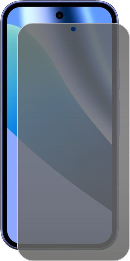 Een privacy screenprotector in grijs getint glas, half over een blauwe smartphone met notch.