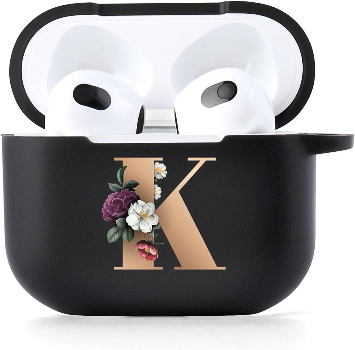 Beschermhoes voor AirPods 4 met Karabijnhaak - Zachte Zwarte TPU Case met Patroon