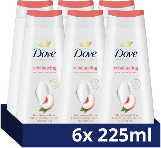 Een multipack van zes flessen Dove Rebalancing douchegel, 225ml per stuk. De flessen zijn wit met een perzikkleurige dop en bevatten een afbeelding van een perzik.