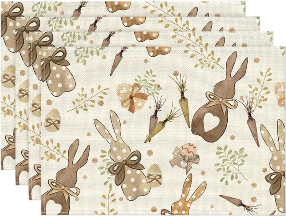 Een set van 4 placemats, wasbaar, met konijnenprint, 30 x 45 cm