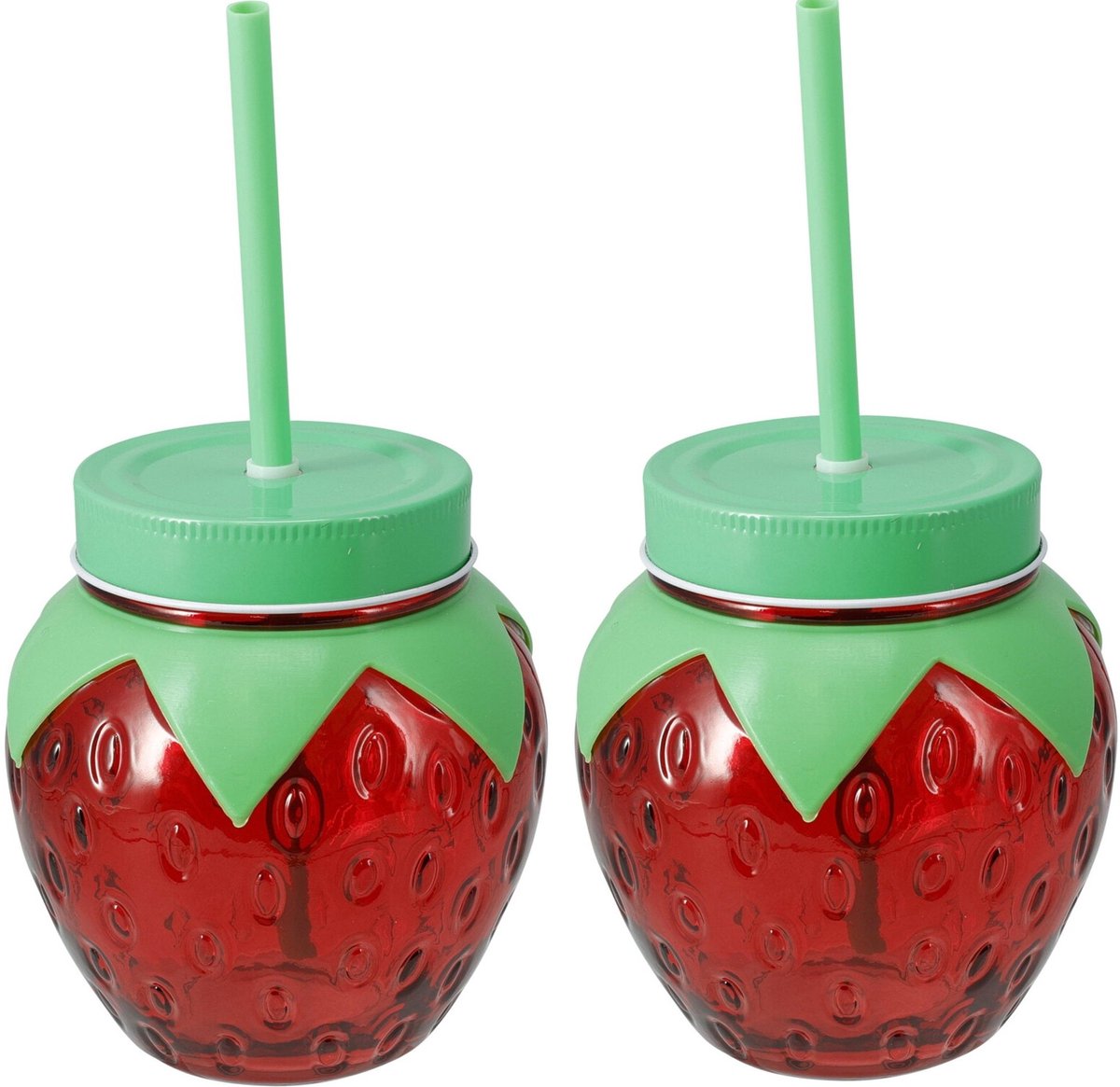 Cookinglife Waterglazen Aardbei - Cocktailglazen Met Rietjes - Cocktail Glass - Glas & Kunststof - Rood/Groen, Vaatwasserbestendig, 2 Stuks