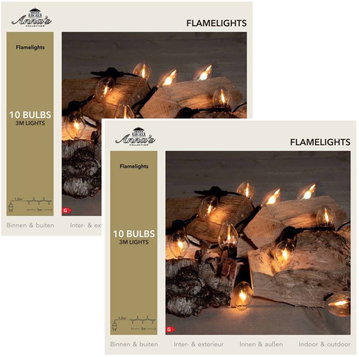 Anna's Collection Vlamverlichting - 2x - 10 vlameffect lampjes - 300 cm - warm wit - lichtsnoer