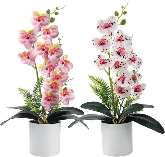 Set van 2 Kunstorchideeën in pot met bladeren, 43 cm - Realistische Decoratieve Zijden Bloemen