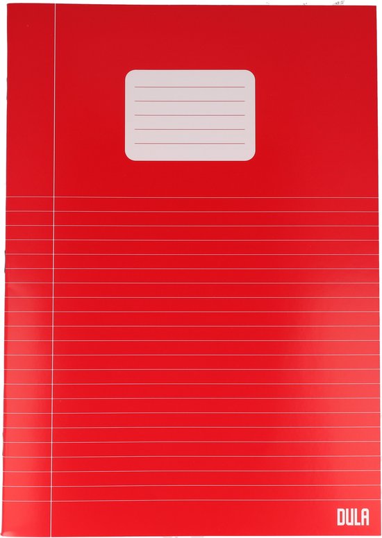 Rood DULA schrift met lijntjes en een label voor de titel.