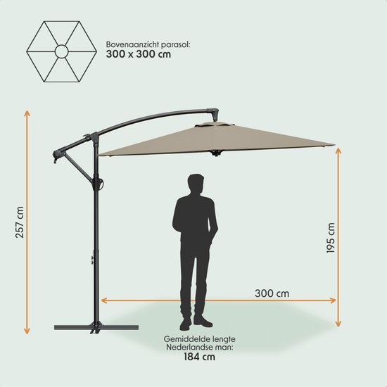 Afmetingen van een taupe zweefparasol (300x300 cm) naast een silhouet van een man (184 cm).