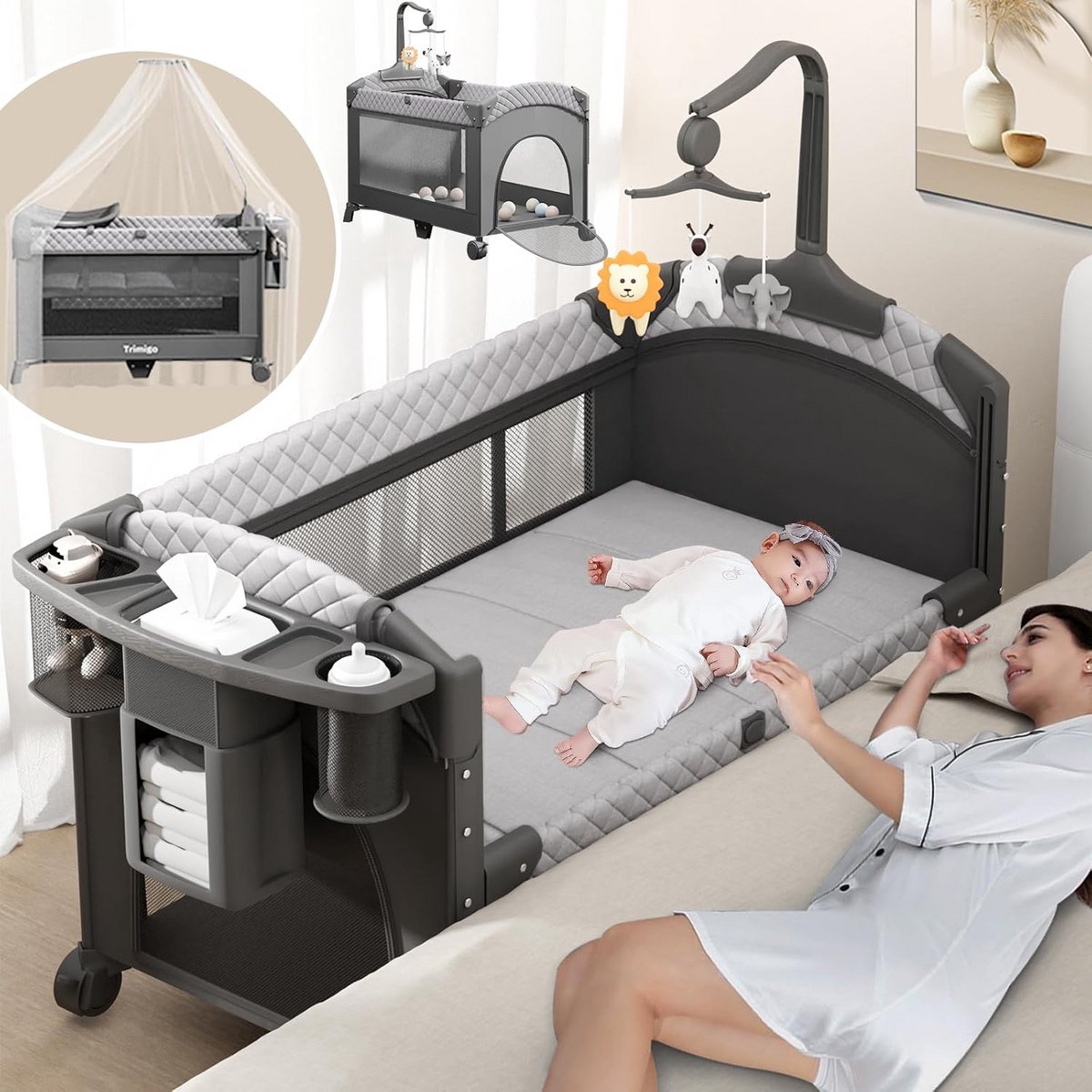 4-in-1 Babybed - Hoogte Verstelbaar Reisbed met Aankleedkussen, Box en Muggennet - 120 x 70 cm - Tot 15 kg