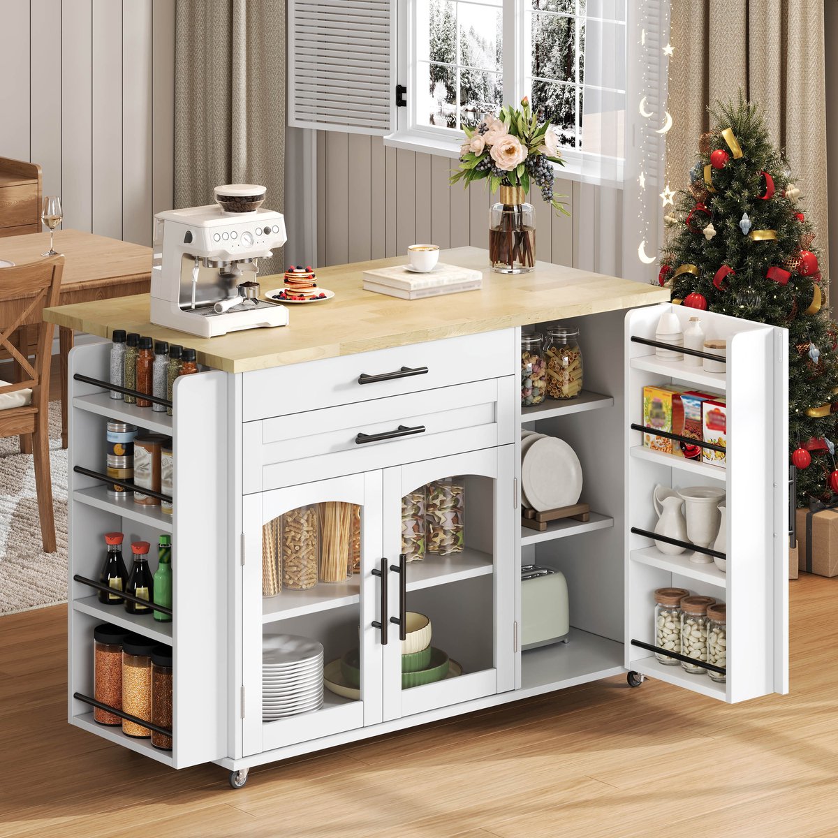 OKWISH Keukeneiland Op Wielen - Opklapbaar Werkblad Voor Keuken En Eetkamer - MDF Naturel Wit - 120x45 Of 70x90 Cm