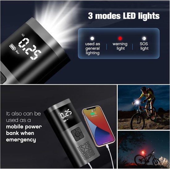 Draadloze Autobandenpomp Met 6000 mAh Batterij - 3 Stuks 150 PSI Draagbare Luchtcompressor Met LCD Scherm En LED Licht - Ideaal Voor Auto, Fiets, Motor En Scooter - Snelle Bandenopblazer — afbeelding 2