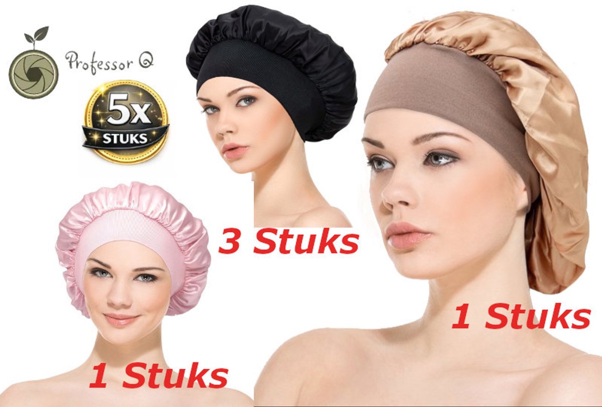 Professor Q Satijnen Slaapmuts - Slaapmuts - Satijn - Volwassenen - Dames - Satin Bonnet - Satijnen Bonnet - Met elastiek - Gold - 1 Goud - 1 Rose - 3 Zwart 5 stuks
