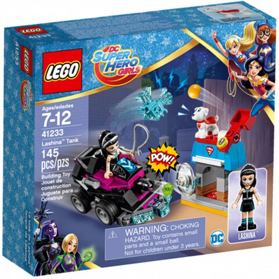 LEGO DC Super Hero Girls Lashina tank doos met Lashina in haar paarse tank, een hond en Super Hero Girls.