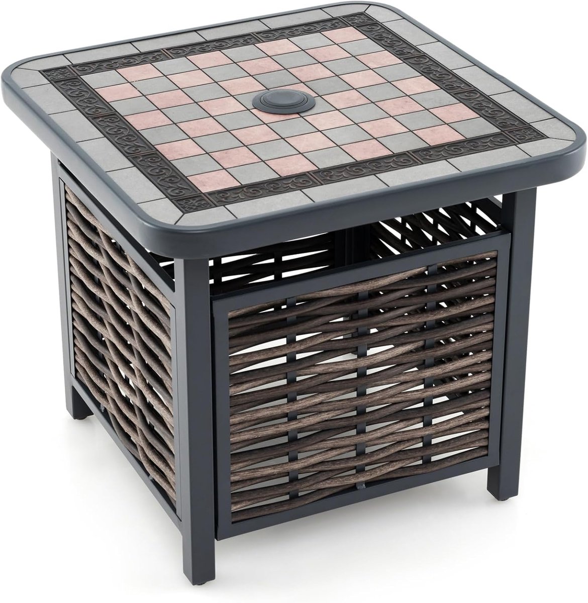 KOMFOTTEU Tuintafel van PE-rotan, bijzettafel met paraplugat en schaakbordpatroon, salontafel, bistrotafel, weerbestendig, vierkante terrastafel voor tuin, binnenplaats, terras, 55 x 55 x 50 cm