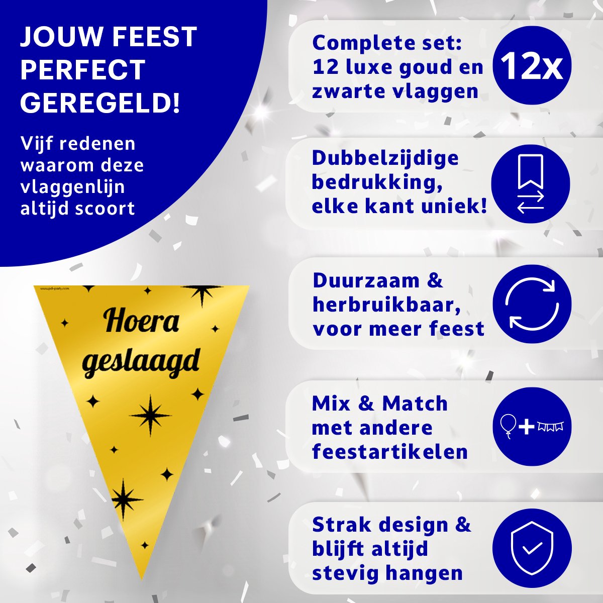 BTH - Slingers - Hoera Geslaagd - Goud en Zwart - Geslaagd Versiering - Slinger - Vlaggenlijn - Geslaagd Cadeaus - 1 Stuk — afbeelding 7
