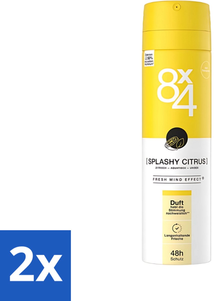 2 x 8 x 4 Deospray - Splashy Citrus - Deodorant - Citrusgeur - 150 ml - Citrus Deodorant - Energiegeur - Frisse Geur - Zweetbescherming - Huidverzorging