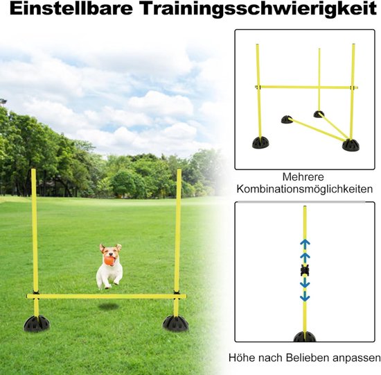Hond met bal springt over gele trainingspaal. Illustraties tonen opstellingen en aanpasbare hoogte.