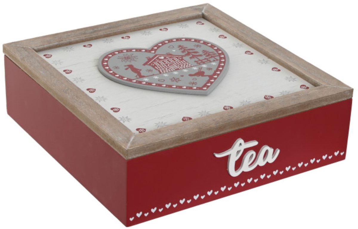 Item Theedoos hart - 9-vaks - rood- hout - 24 x 24 x 8 cm - theezakjes opbergen - winter thema