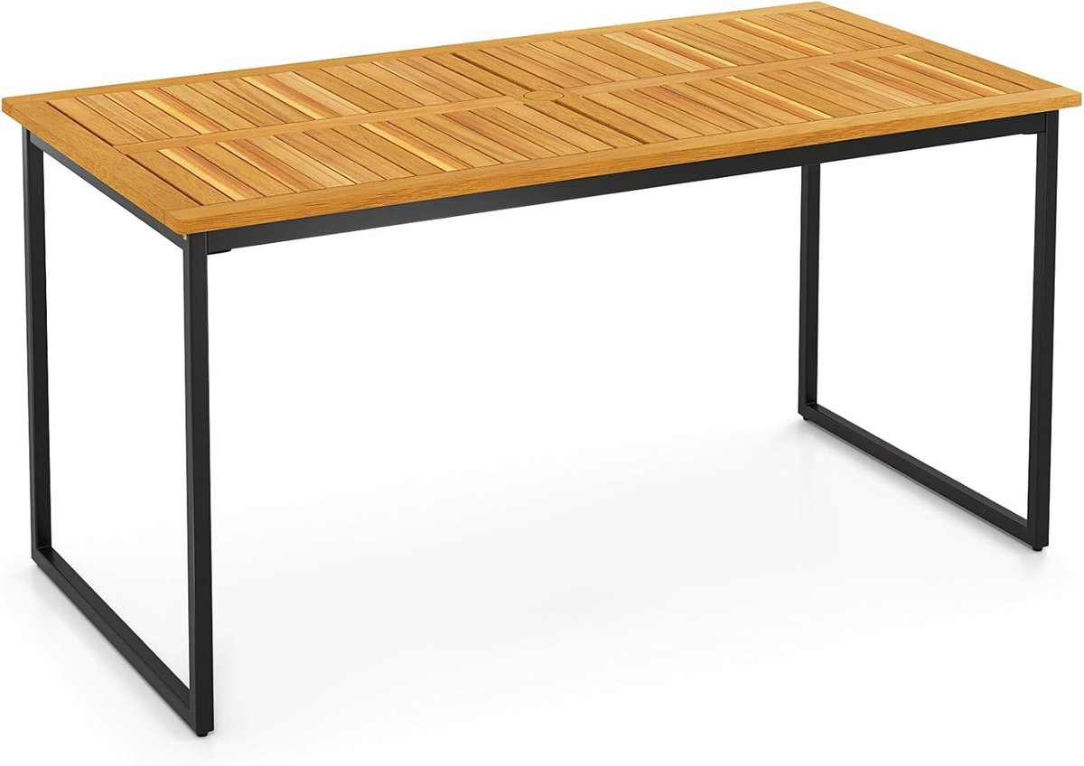 KOMFOTTEU Tuineettafel met gat voor parasol, eettafel van acaciahout voor 6 personen, 140 x 70 x 73 cm, voor binnen en buiten, binnenplaatstafel met metalen poten