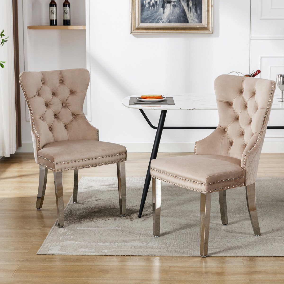 MODFU Eetkamerstoel set van 2, velvet, metalen poten, met decoratieve gesp Beige