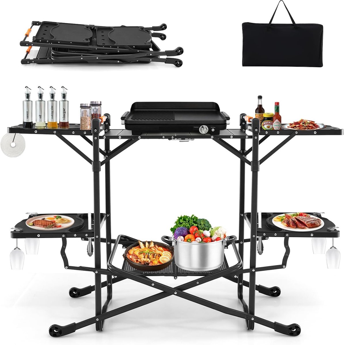 KOMFOTTEU Campingkeuken, opvouwbaar, reiskeuken met 4 zijtafels en aluminium tafelblad, campingtafel, picknicktafel, inklapbaar, outdoorkeuken met draagtas, voor camping, picknick, barbecuefeesten