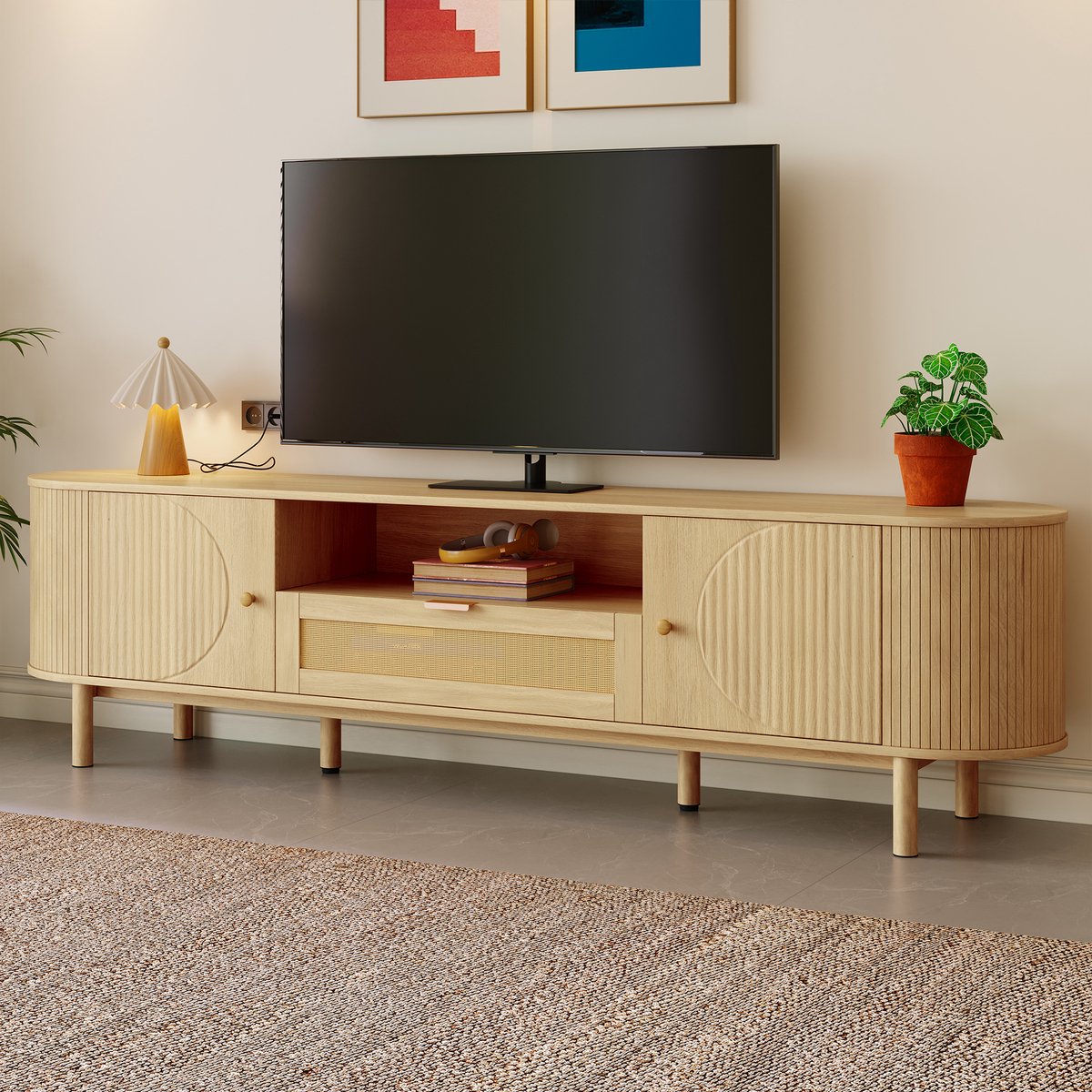 STILVORA Tv Meubel - Rond Design Met Rotan Lade En Kabeldoorvoer - Opbergkast Voor Woonkamer - MDF - Naturel - 175x36x51 cm Natuurlijk