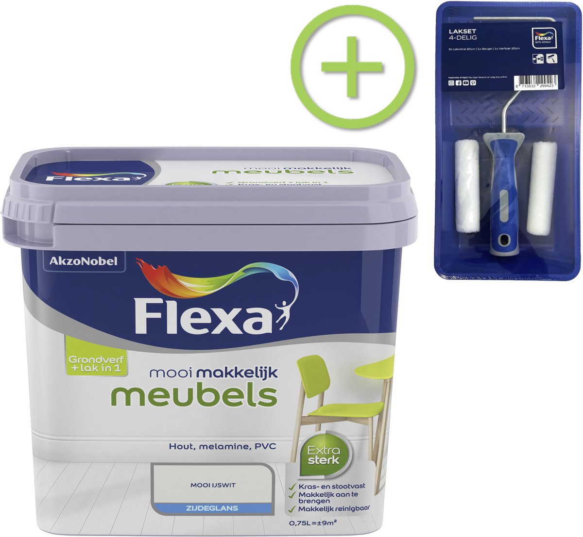 Voordeelpakket Flexa Mooi Makkelijk - Meubels - Mooi Ijswit - 750 ML + Lakroller - 4 Delig