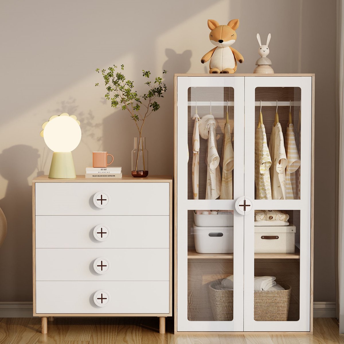 Wishdor - Kledingkast En Nachtkast - 10-Vaks Opbergsysteem - Transparante Acryldeuren - Modern - MDF - Naturel En Wit