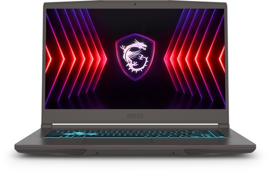 MSI gaming laptop met blauw verlicht toetsenbord, in de aanbieding met het MSI drakenlogo op het scherm.