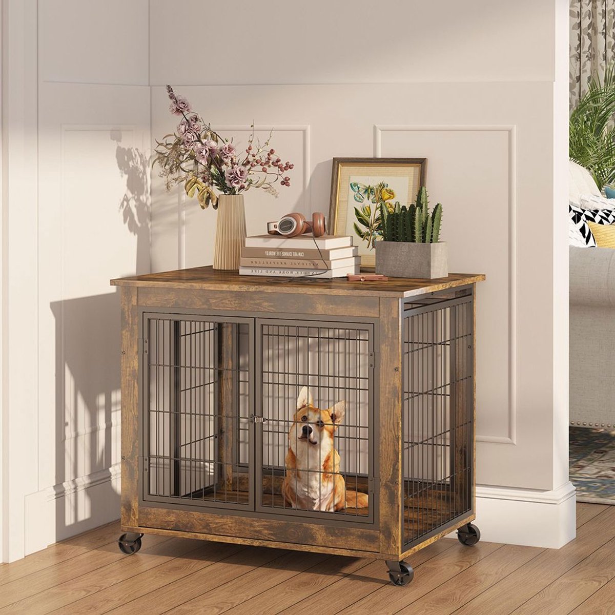 BLACKCOLORS Hondenbench in meubelstijl, houten tafel met dubbele deur, hondenhok voor binnenshuis met neerklapbaar dak, wieltjes om verplaatsen te vergemakkelijken, vintage bruin, 80*56*69,5 cm