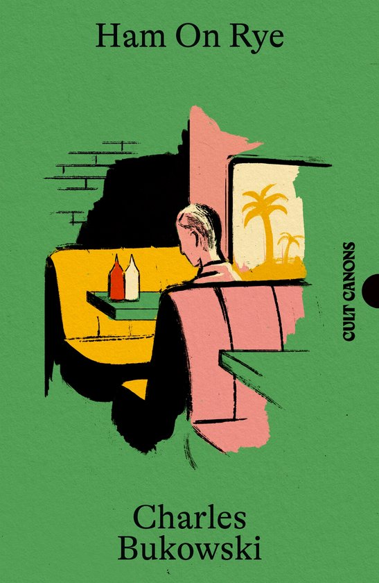 Couverture du livre "Ham On Rye" de Charles Bukowski, représentant un homme assis à une table regardant par la fenêtre des palmiers.