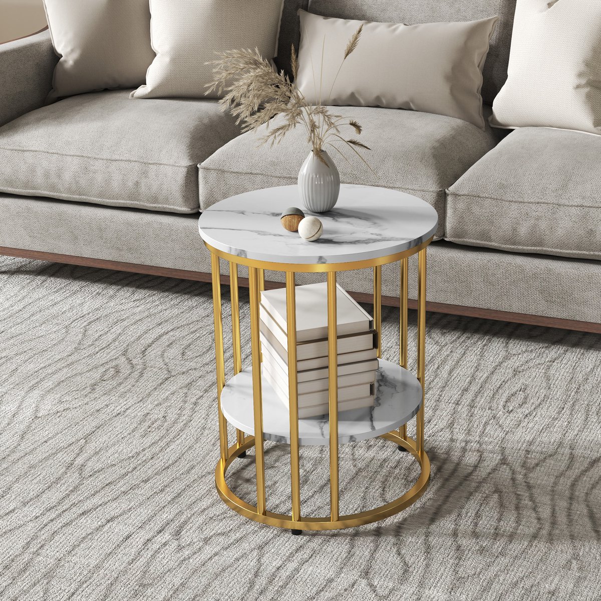 Wishdor Salontafelset - Rond - Met Onderblad - Marmerlook - Voor Woonkamer En Slaapkamer - MDF En Metaal - Wit