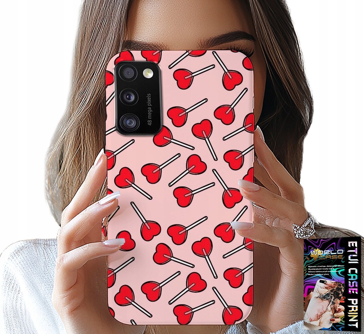 HOESJE VOOR SAMSUNG GALAXY A41 - VROUWELIJKE, MODIEUZE PATRONEN, LOLLIPOPS EN HARTJES