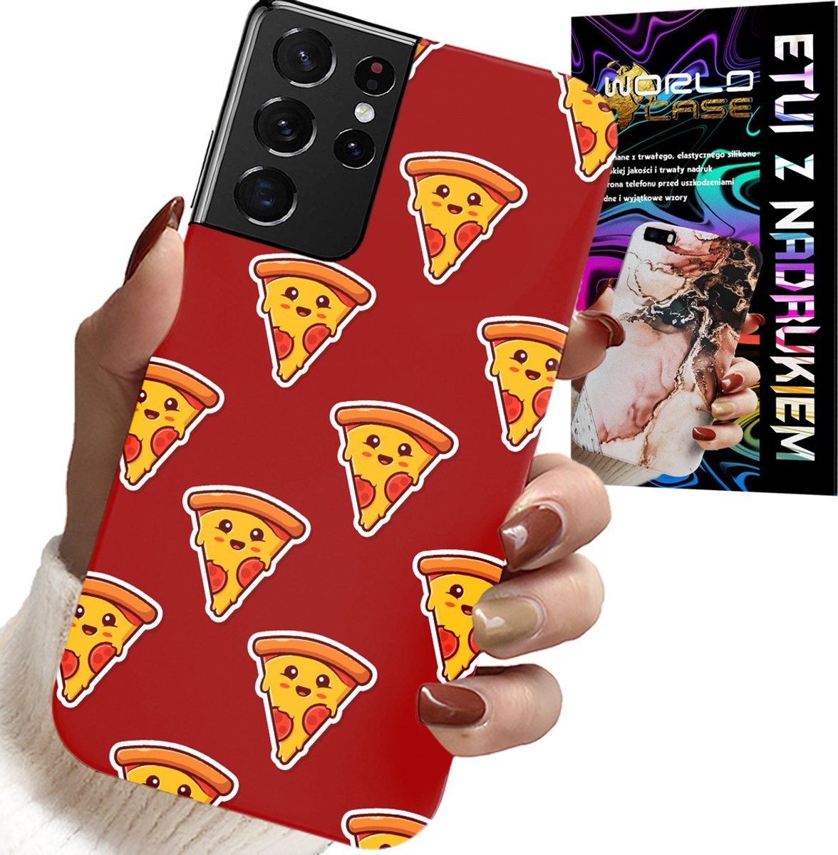 HOESJE VOOR SAMSUNG GALAXY S21 Ultra - HAPPY PIZZA PATROON OP EEN RODE ACHTERGROND