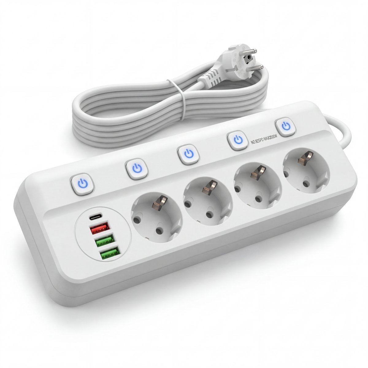Oneproduct Stekkerdoos Wit - USB Stekkerdoos - 4 Stopcontacten - 4 USB Poorten - Met Schakelaar - 2 Meter Snoer