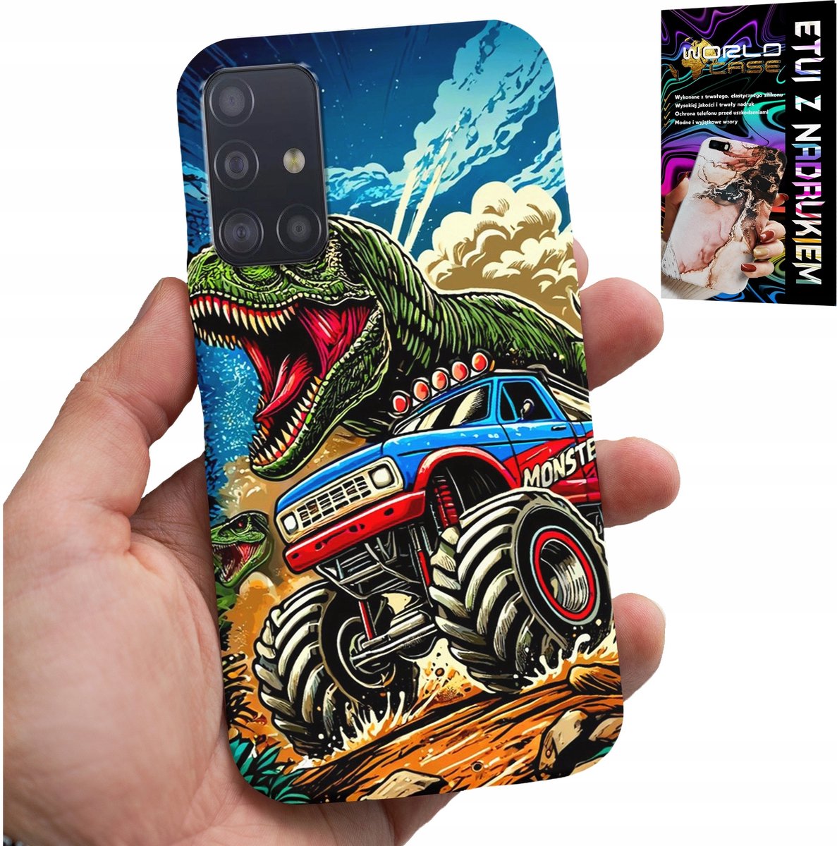 SAMSUNG GALAXY A71 HOESJE - DINOSAURUS IN MONSTERTRUCK PATROON VOOR KINDEREN