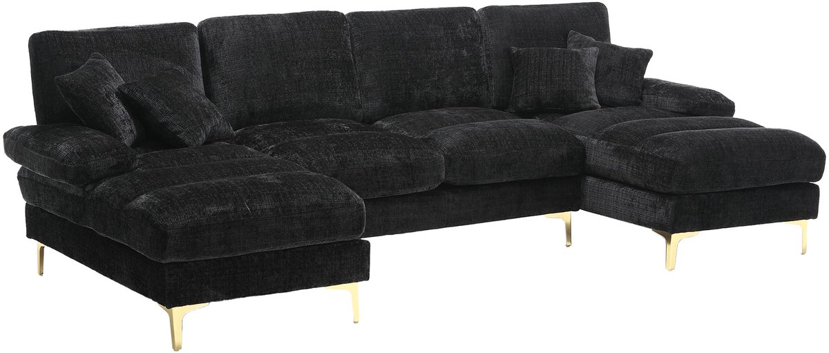 REDOM - U-Vormige Hoekbank - Dubbele Ligplaatsen - Modern - Voor Woonkamer - Chenille - Zwart - 272 X 136 X 88 Cm