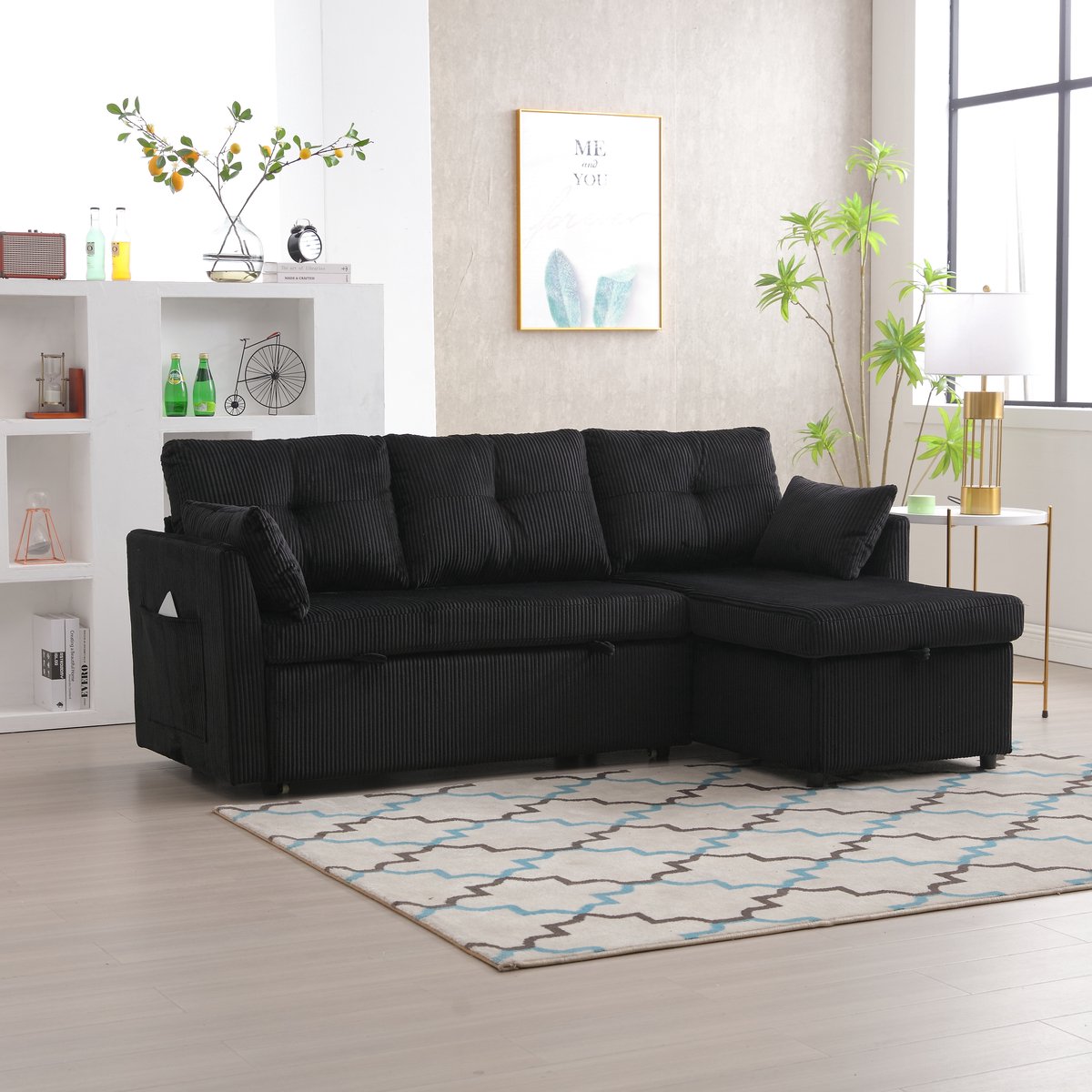 REDOM - Modulaire Hoekbank Met Slaapfunctie En Opbergruimte - Verwisselbare Chaise Longue - Modern - Corduroy - Zwart - 206 x 108 x 66 cm