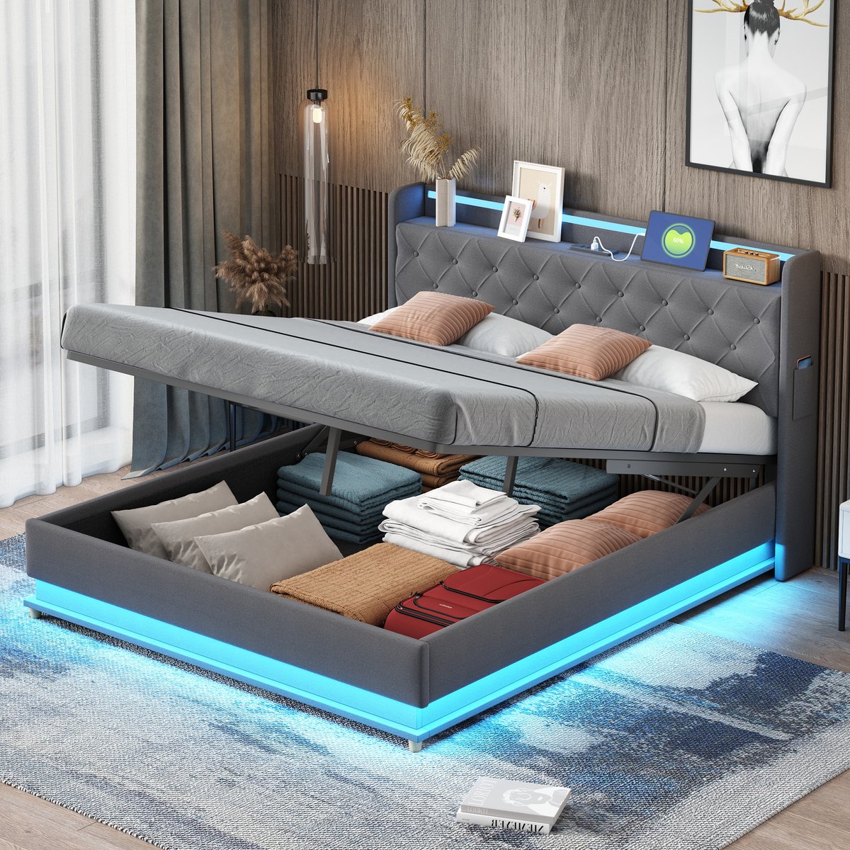 MODENUIT Gestoffeerd Bed 160x200 cm – Ledverlichting en Usb-Aansluiting – Hydraulische Opbergruimte – Zonder Matras – Grijs
