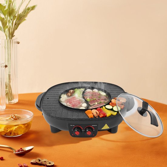 Elektrische Hotpot - 2-In-1 - Elektrische Grill Barbecue Shabu Hotpot - Chinese Fondue Binnengrill - Voor Slaapzaal Thuis — afbeelding 5