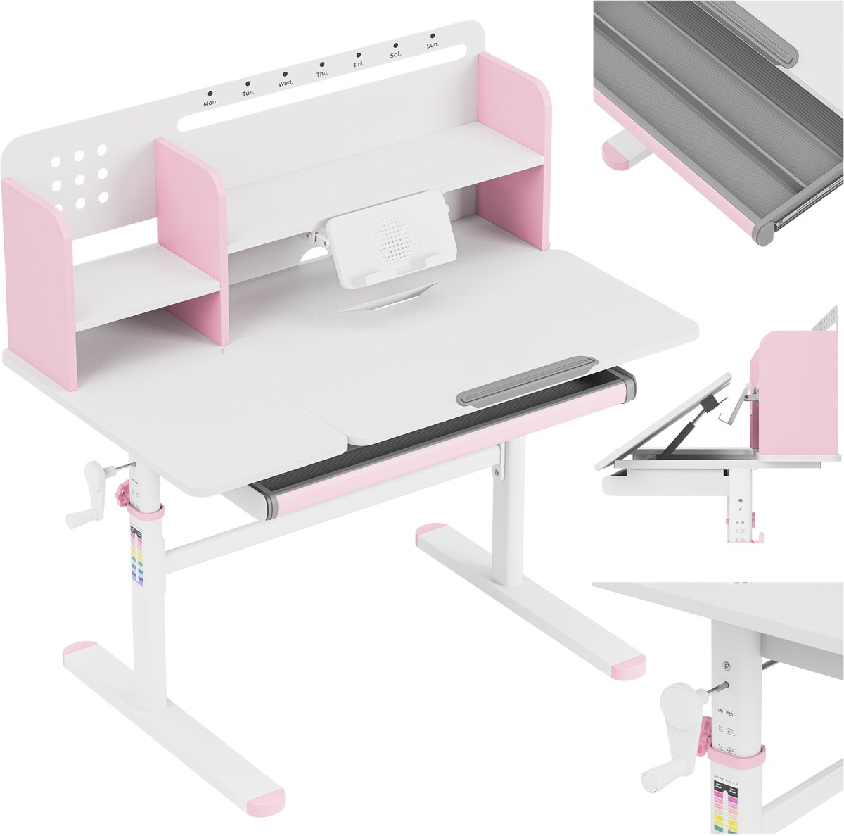 Mark Adler Study 5.7 - Kinderbureau 100 cm - Ergonomisch Bureau met Verstelbare Hoogte & Kantelbaar Blad - Met Lade & Planken - Roze