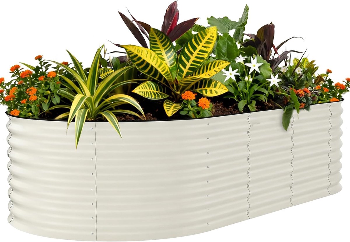XXL Ovale Moestuinbak van Gegalvaniseerd Metaal - Extra Hoog (60 cm) - Verhoogde Kweekbak / Plantenbak voor Buiten - Bodemloos - 240x120x60 cm - Beige